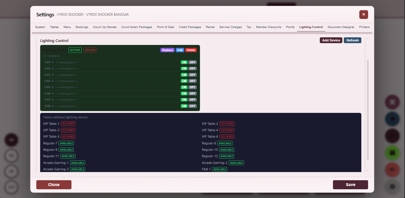 Snooker King software — Lighting Control Settings screenshot showing a per-table lighting settings page mapping each table to an MQTT topic, ESP32 device ID and auto-on rule