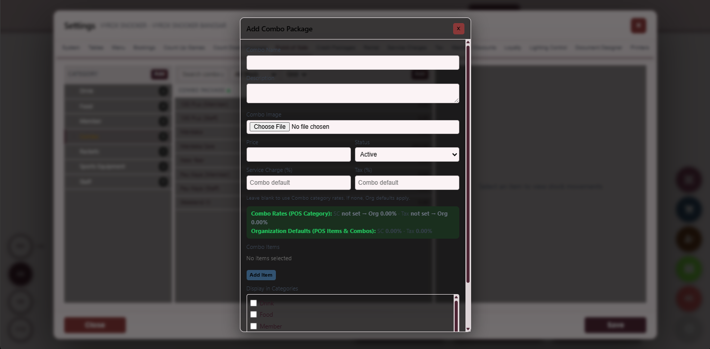 Snooker King software — Add Combo Package screenshot showing a dialog adding a new POS combo package with included items, combo price, validity and member-only flag