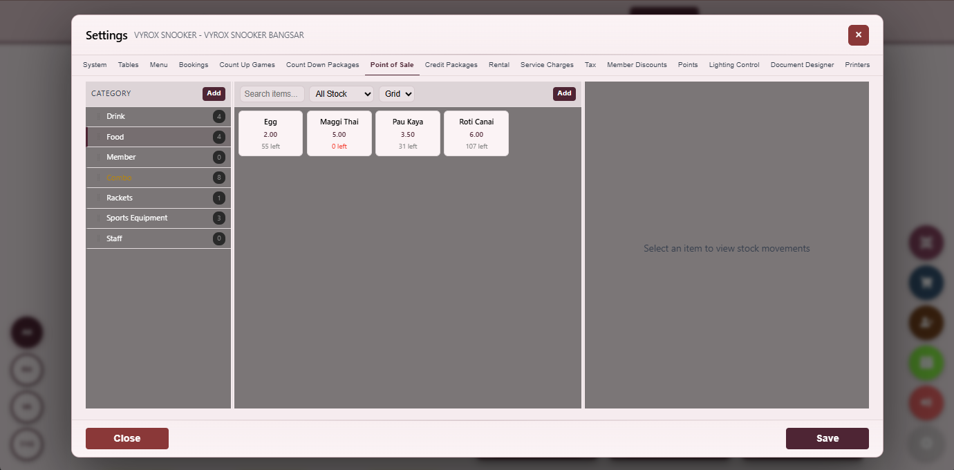 Snooker King software — POS Balance Stock screenshot showing a balance-stock report showing on-hand quantity per SKU, reorder point, recent movement and value at cost