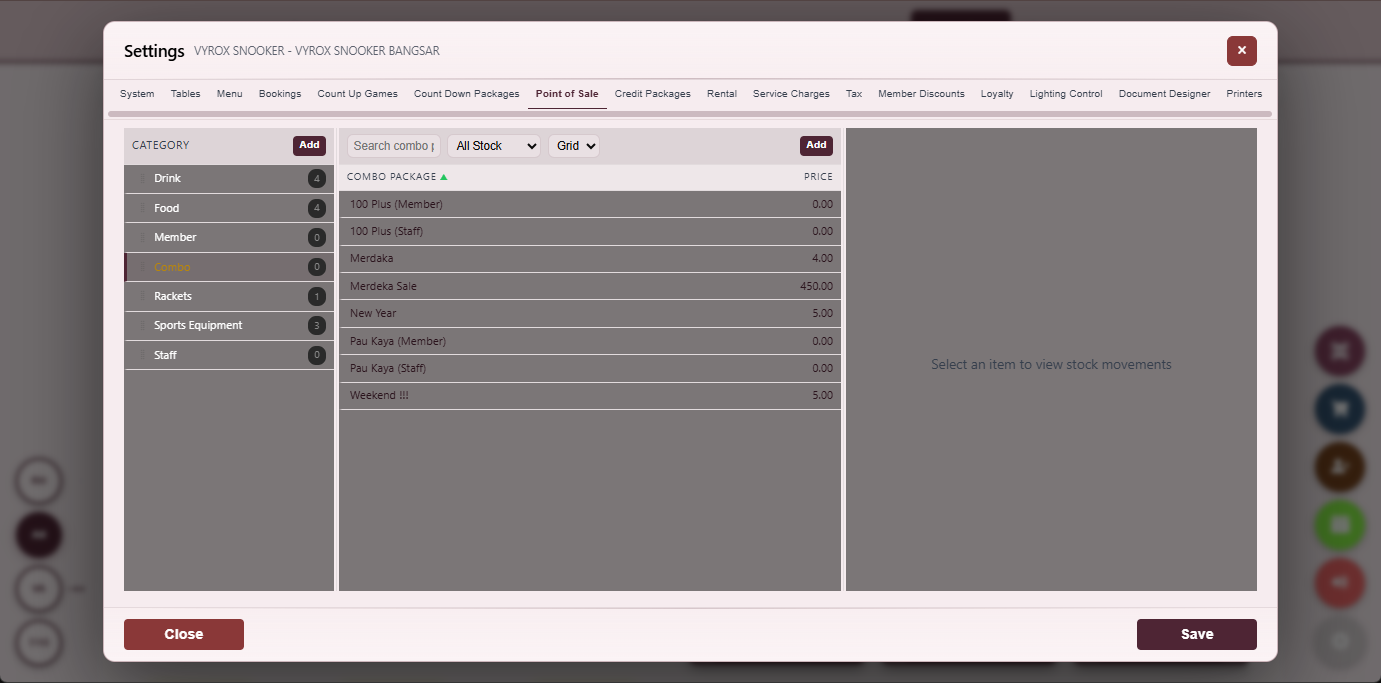 Snooker King software — POS Combo Catalogue screenshot showing a combo catalogue listing all combo packages with included items, price, active status and quick edit controls