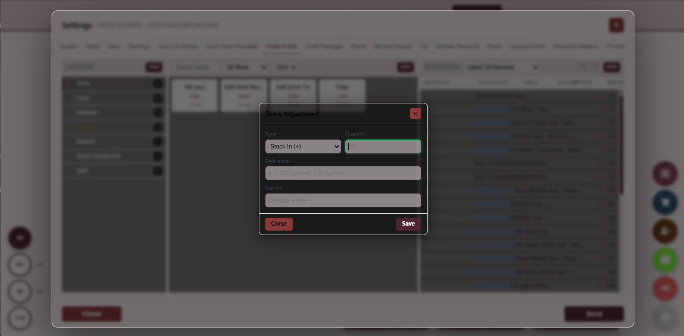 Snooker King software — POS Stock Adjustment screenshot showing a stock adjustment form recording reason code, quantity delta, operator name and supporting note for audit