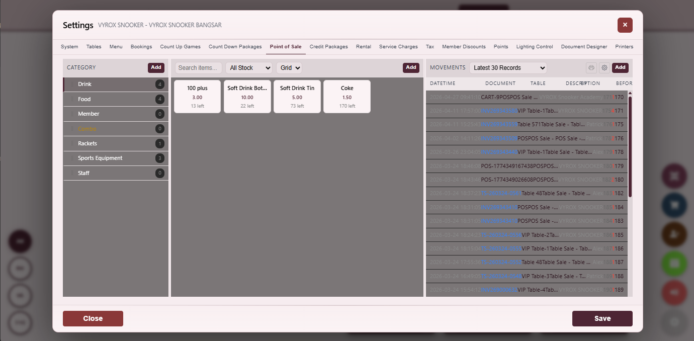 Snooker King software — POS Stock Movement Log screenshot showing a chronological log of stock movements (sales, transfers, adjustments, wastage) with searchable filters and CSV export