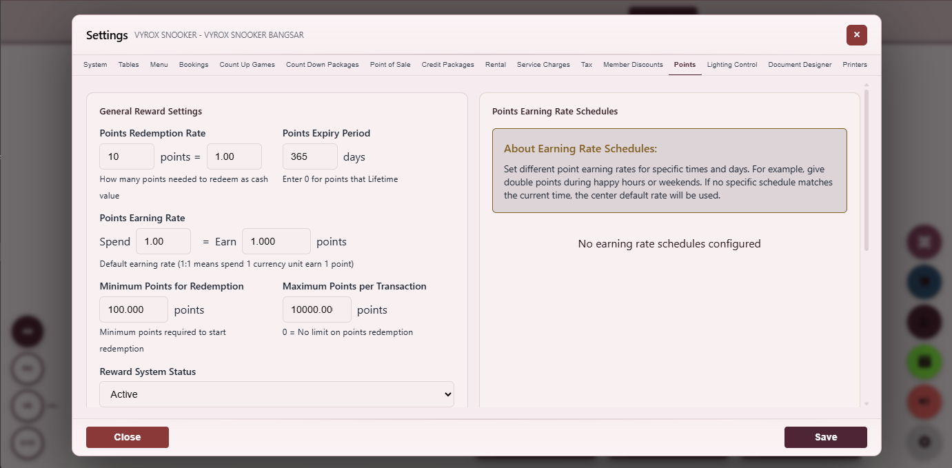 Snooker King software — Reward Points Settings screenshot showing a reward-points engine settings page setting earn rate, redemption rate, minimum redemption and points expiry