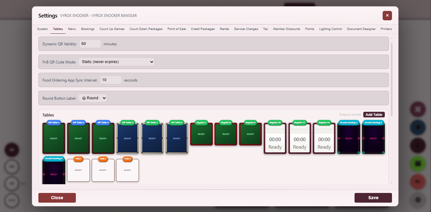 Snooker King software — Tables Setting screenshot showing a tables setting screen defining each table number, type (snooker, pool, billiard), capacity, hourly rate group and lighting device
