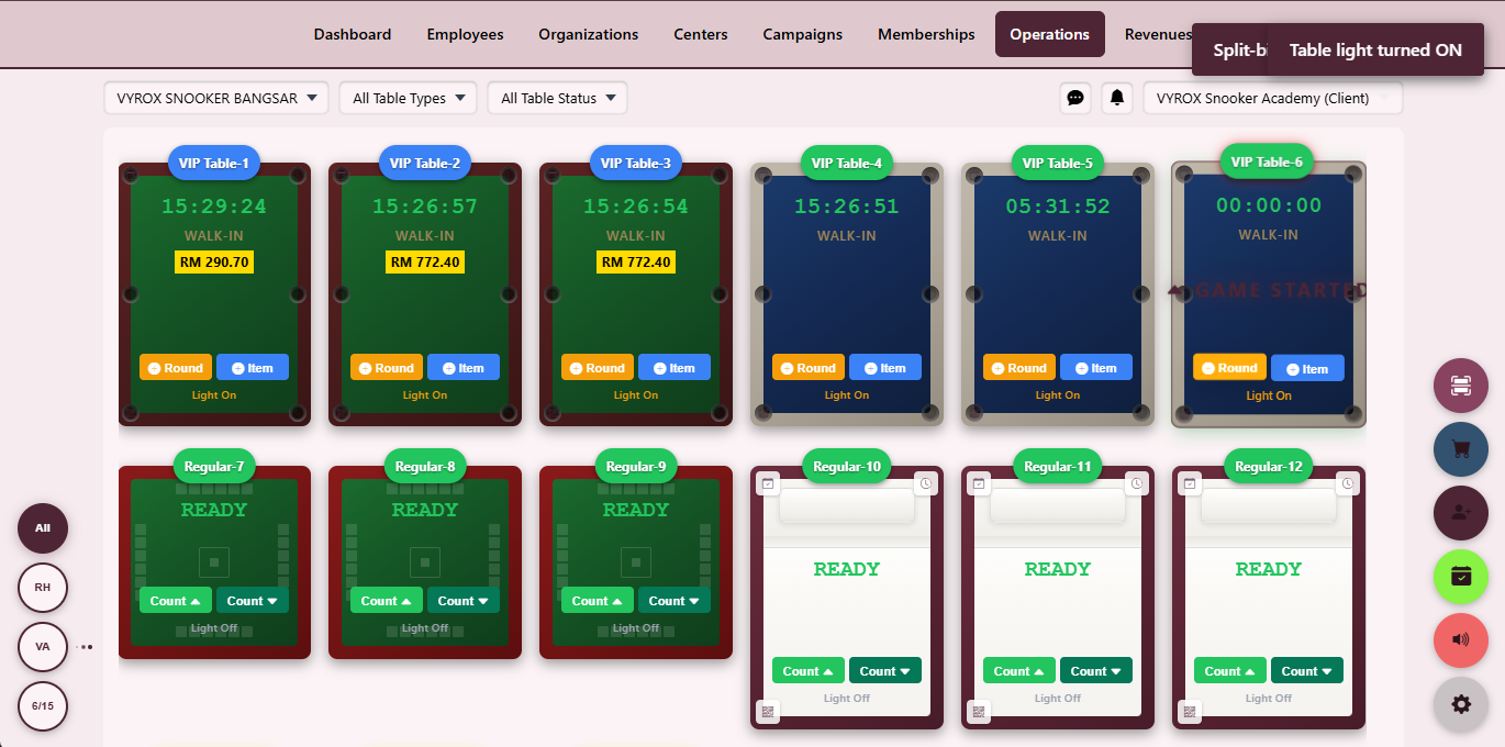 Snooker King software — Start Game Dialog screenshot showing a start-game dialog choosing player count, member link, rate plan, lighting on/off and any prepaid package to apply