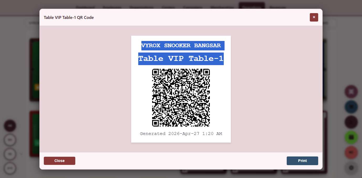 Snooker King software — Tables QR Display screenshot showing a tables QR display generating downloadable A5 QR cards that customers scan to start a session from their phone