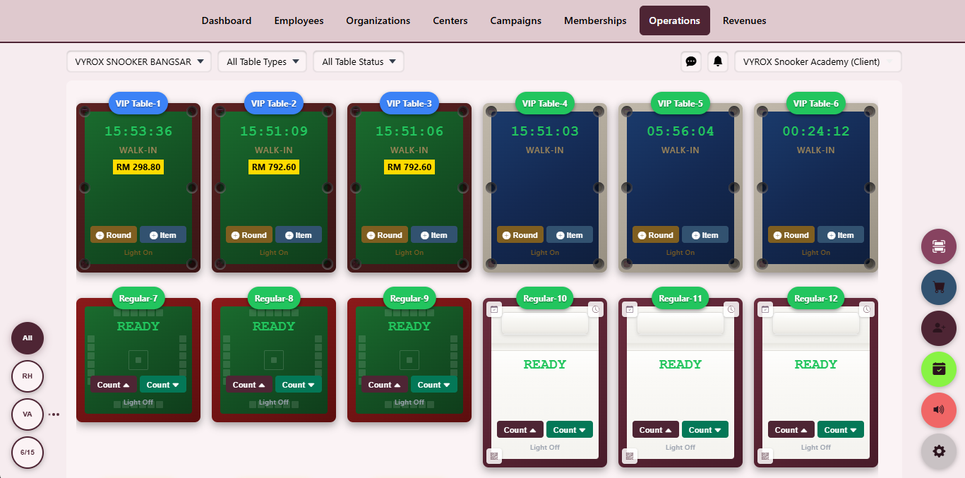Snooker King software — Tables Operations Dashboard screenshot showing the main tables operations dashboard with a colour-coded grid of every table, live timer, current charge and quick actions