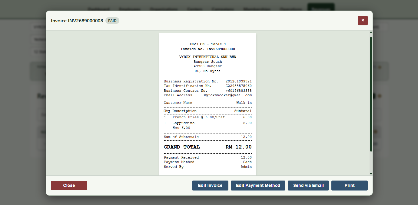 Snooker King software — Revenue Invoice Browser screenshot showing an invoice browser filterable by date range, payment method, operator and table with click-through to invoice detail