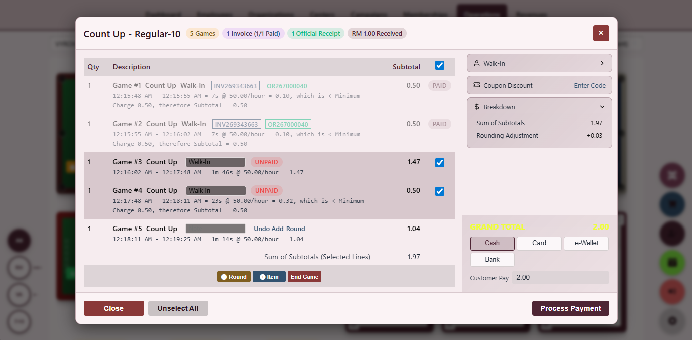 Snooker King software — Split Bill Group Payment screenshot showing a group-payment split-bill view dividing a single table session into multiple payers and accepting separate payment methods