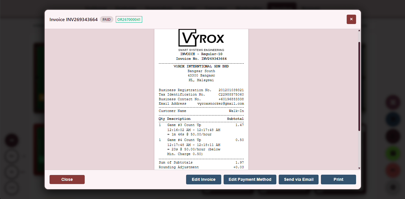 Snooker King software — Split Bill Invoice View screenshot showing the resulting invoice view for a split-bill session showing each payer share, payment method and signed-off receipt