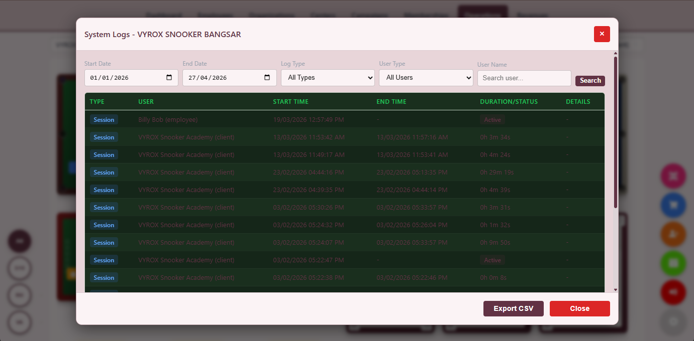 Snooker King software — Activity Tracking System Log screenshot showing a system log of every user action with timestamp, operator, IP, action type and changed fields for forensic audit