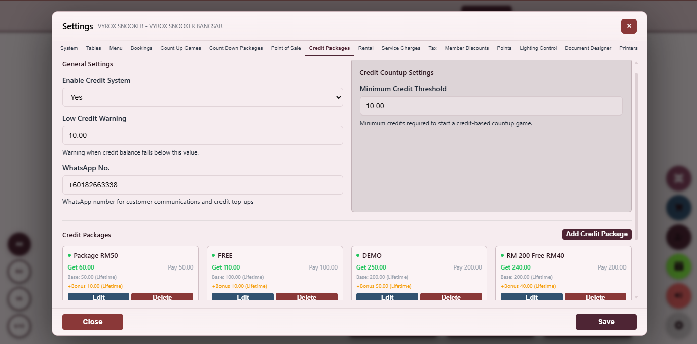 Snooker King software — Credit Package Top-Up screenshot showing a credit-package top-up screen where the member chooses a package size and pays once to receive credits with bonus value