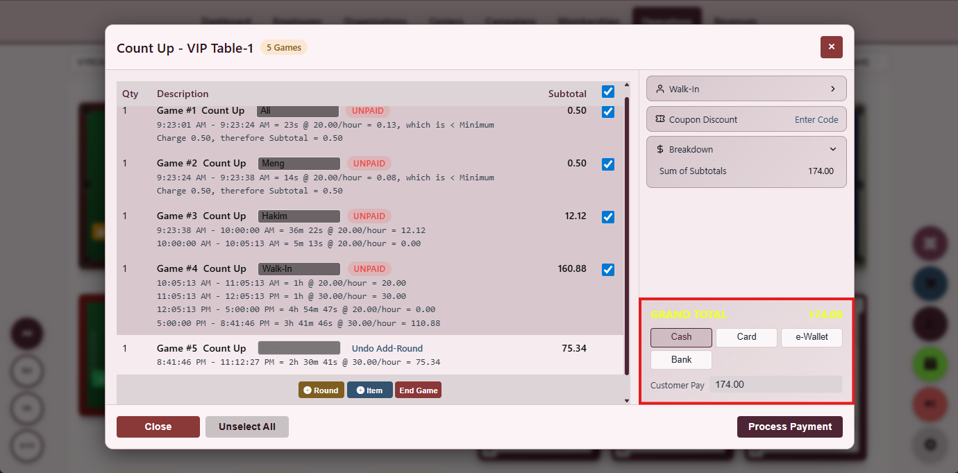 Snooker King software — Payment Method Picker screenshot showing a payment method picker offering cash, card, e-wallet, member credit, reward points and split-bill in a single screen