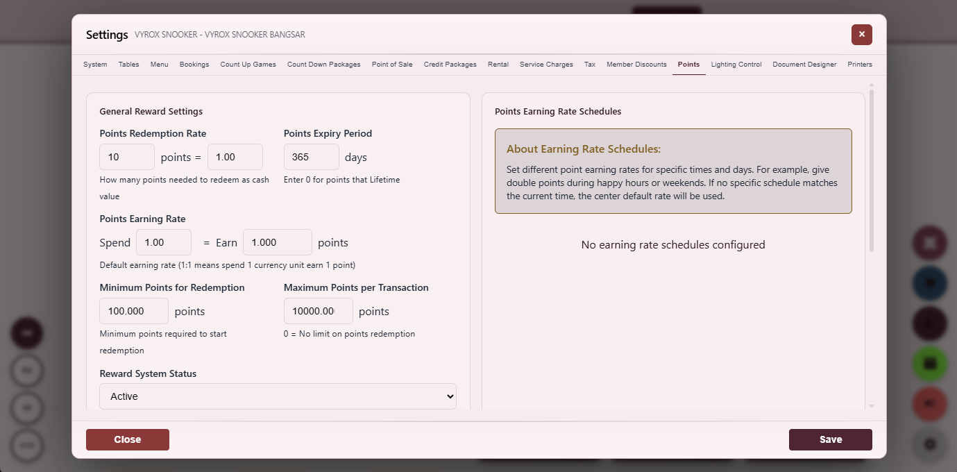 Snooker King software — Reward Point Redemption screenshot showing a reward-point redemption screen converting earned points into a payment line on the running invoice at the configured rate
