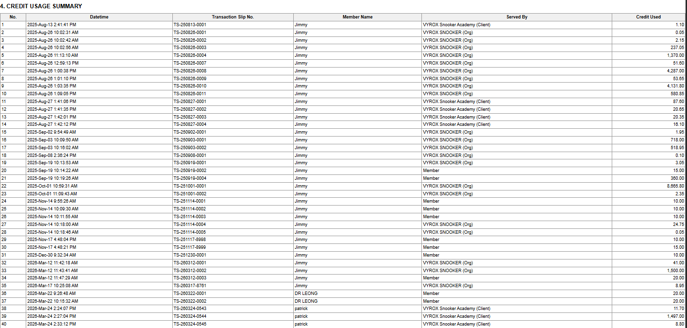 Snooker King software — Invoice Record screenshot showing a single invoice record showing line items, taxes, member info, payment breakdown and a download-PDF button