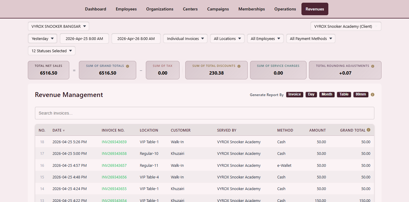 Snooker King software — Revenue Drill-Down screenshot showing a revenue drill-down by category, by table, by operator and by payment method with export to CSV and PDF