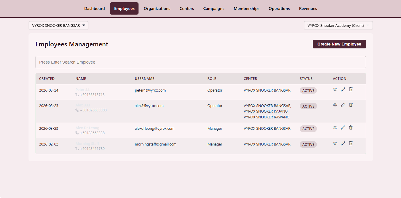 Snooker King software — Security Role Matrix screenshot showing a staff role definition page listing role name, description, assigned permissions and current staff count on that role