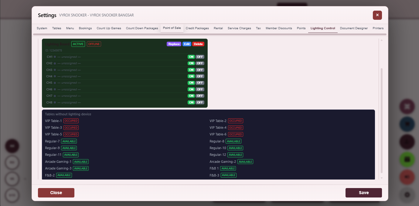 Snooker King software — Smart Lighting Control screenshot showing a smart-lighting control panel toggling each table light on or off and showing live status reported back from the ESP32