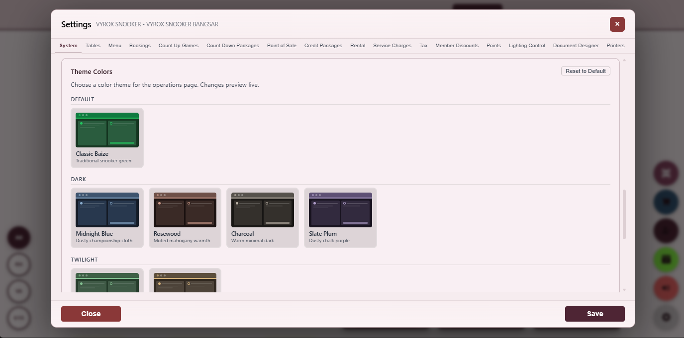 Snooker King software — Theme Colours screenshot showing a theme colours settings page picking primary, accent, surface and text colours with a live preview of the operator UI