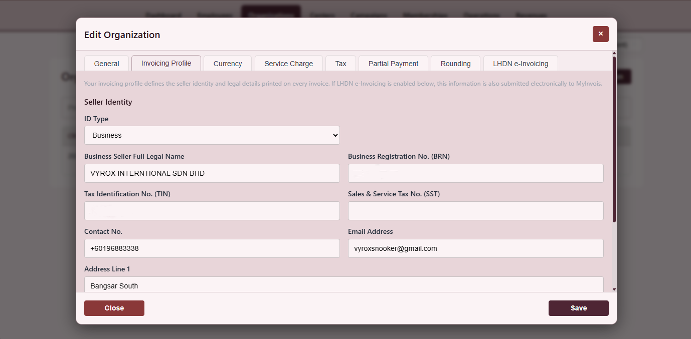 Snooker King software — Tax Invoice Profile screenshot showing a tax invoice profile setup with centre legal name, TIN, SST registration number, address and signatory