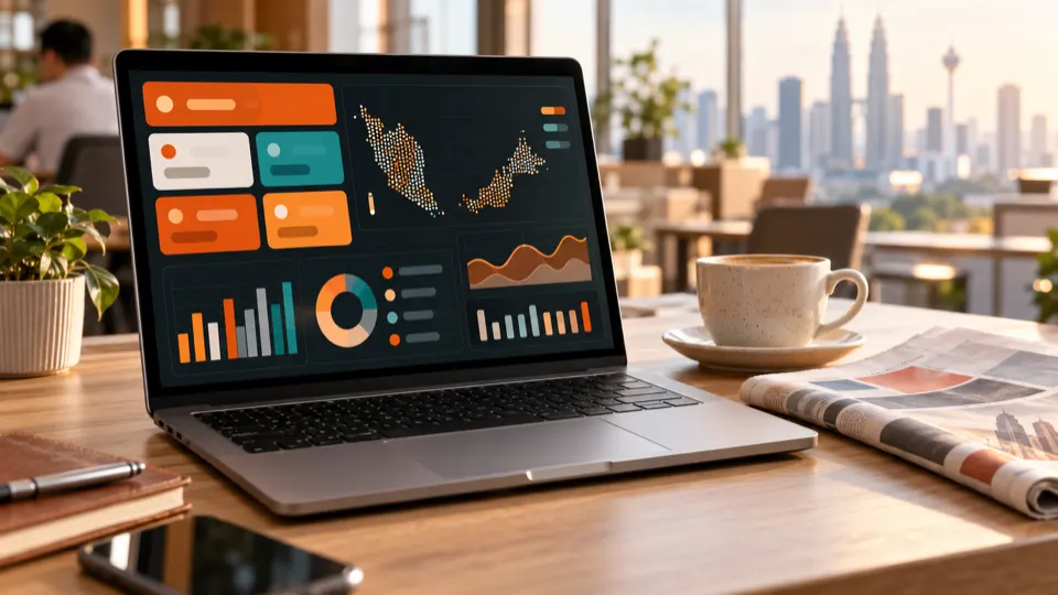 A laptop showing tender opportunity cards and a dotted map