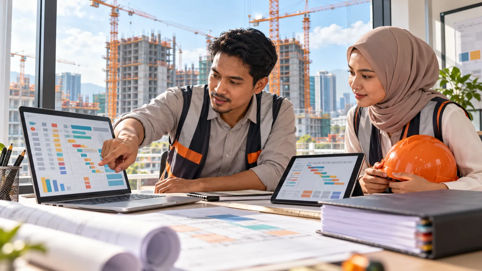 An estimator and a quantity surveyor reviewing a priced bill of quantities and a programme in a site office overlooking a high-rise construction site