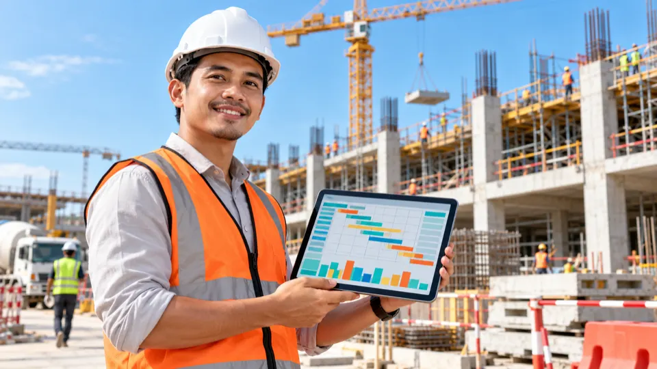 A site engineer holding a tablet with a gantt chart on site