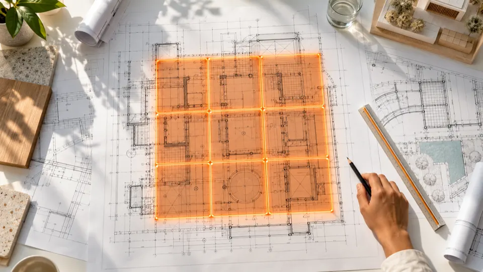 Structural blueprints with a glowing three by three reading grid