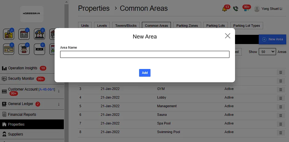 2.1 Add New Common Areas
