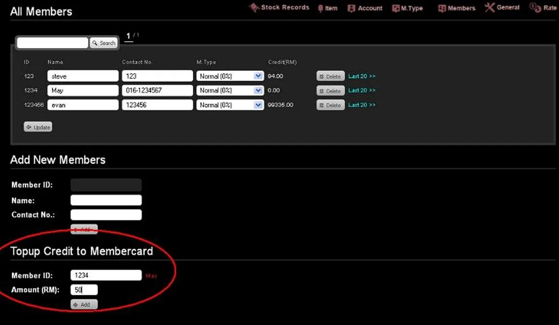 13.4. Top up member card